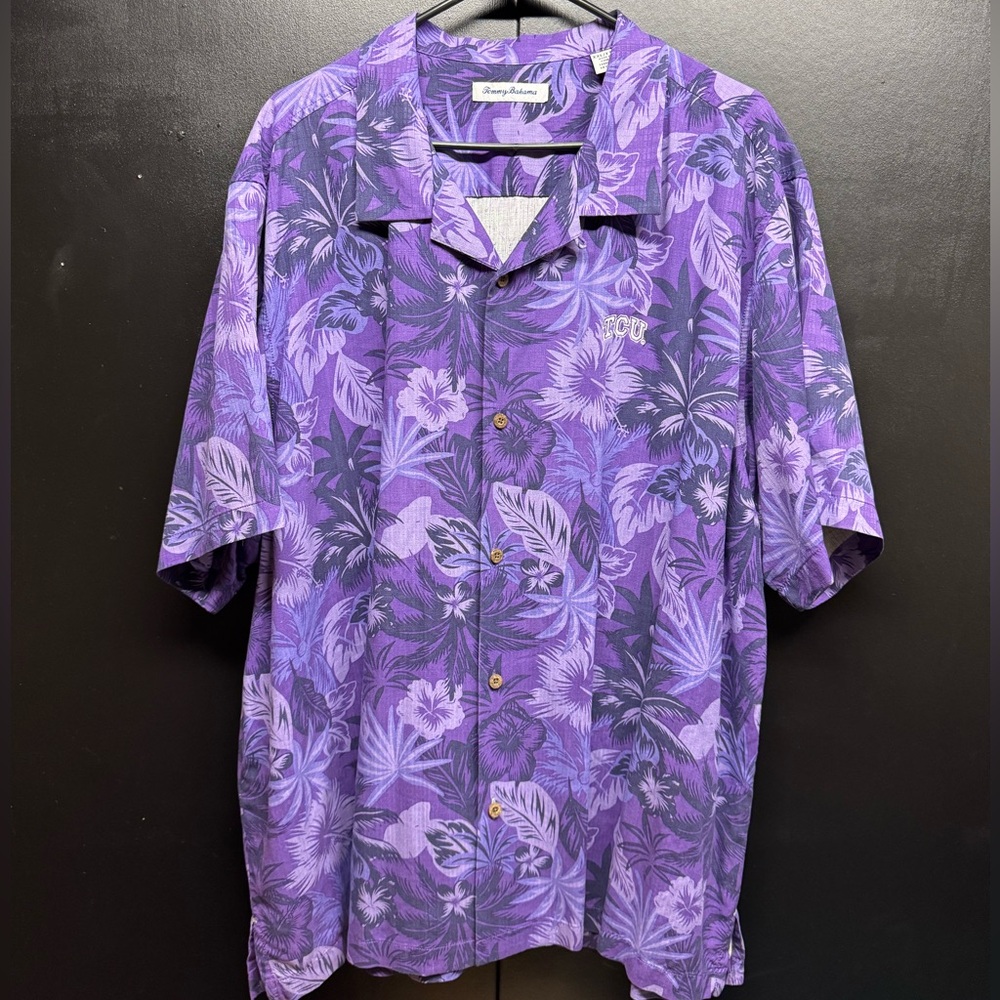 Tommy Bahama Island Floral Print Embroidered TCU Logo Polo Shirt XXL 100% silk